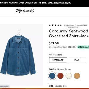 Madewell NWT Corduroy Kentwood Oversized Shirt-Jacket / MEDIUM / DISTANT OCEAN